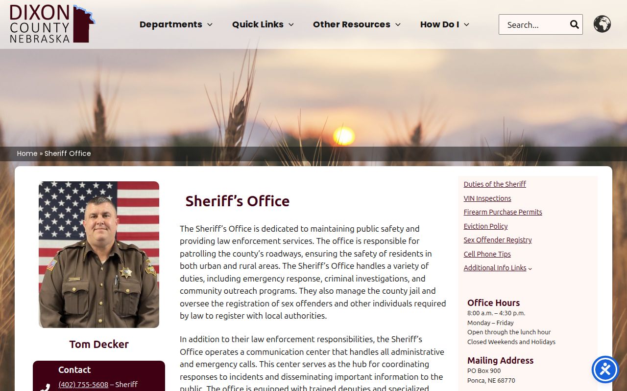 Dixon County Sheriff contact information for warrant records